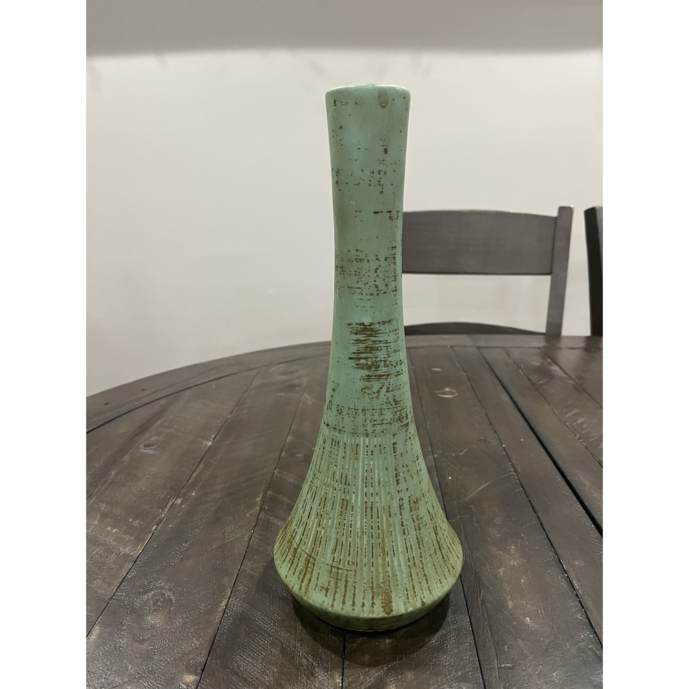 Vtg McCoy Pottery Classic Ribbed Line Green‎ Brown Vase 12.5" 1950s